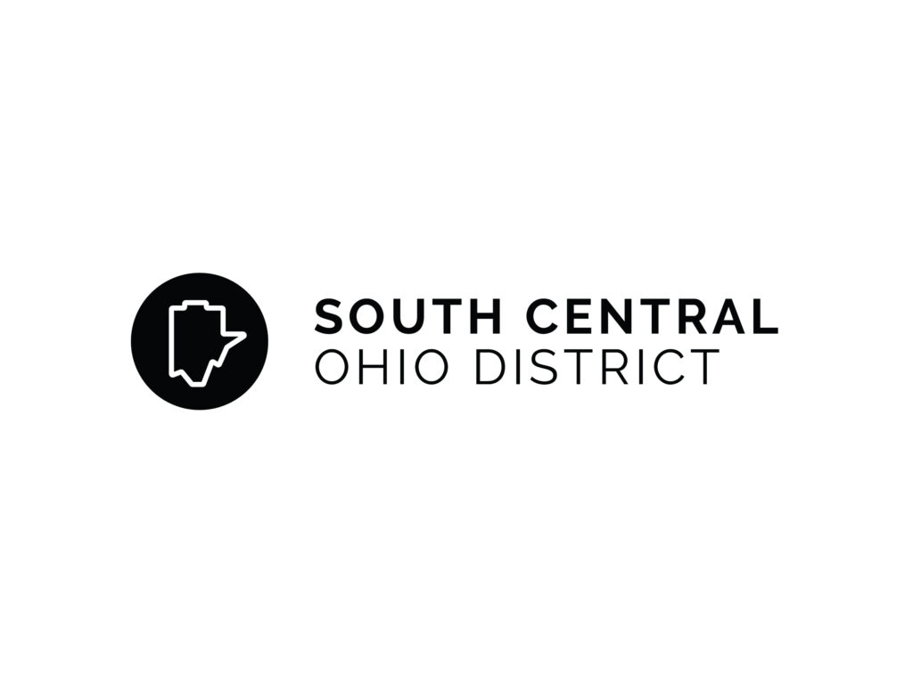 Logo of the South Central Ohio District, featuring an outlined map of Ohio within a black circle to the left of the district name in bold black letters on a white background.