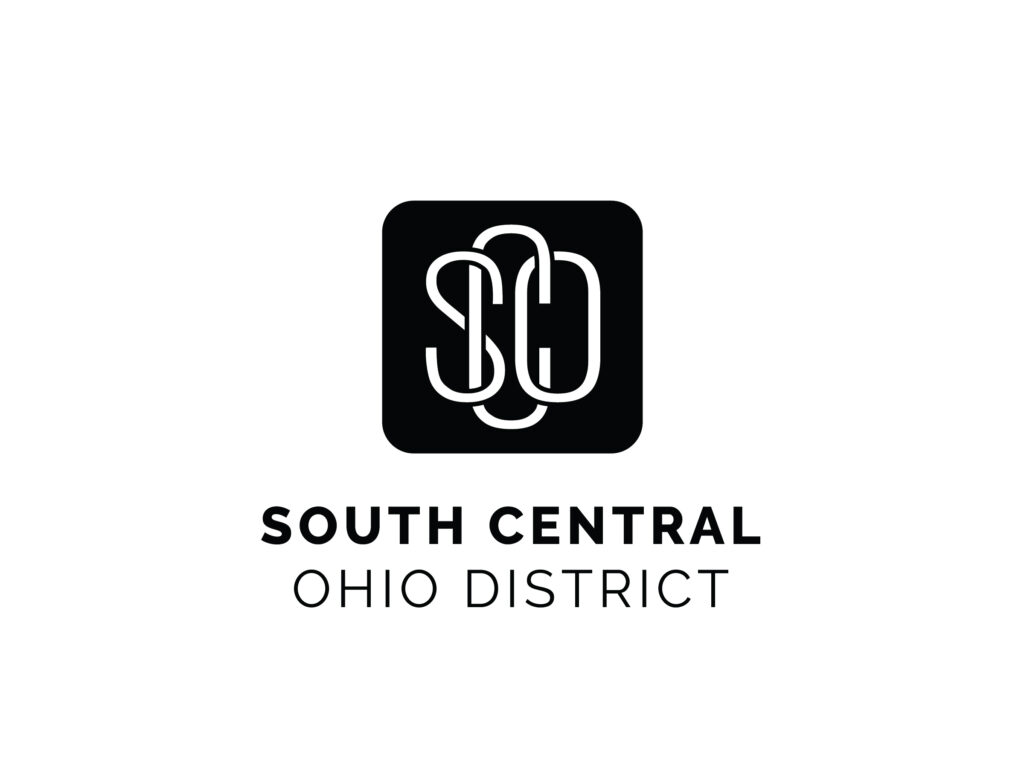 Black and white logo for the South Central Ohio District. The logo features interconnected initials "SCO" within a black square above the name.