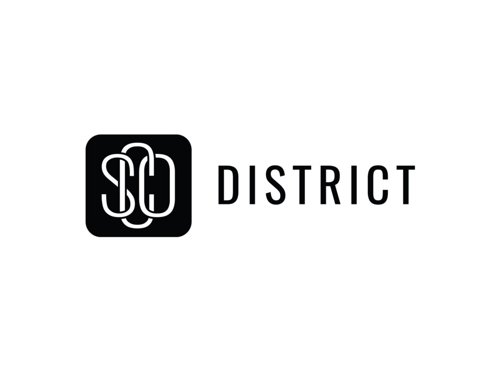 Black and white logo featuring an abstract "60" within a black square, followed by the word "DISTRICT" in capital letters.